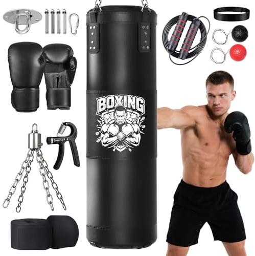 Ninonly 120cm/100cm Saco de Boxeo con Relleno con Guantes de Boxeo | Punching Ball Boxeo con Ejercitador de Agarre Manual y Cuerda, para Artes Marciales Mixtas, Kickboxing,Gimnasio en Casa