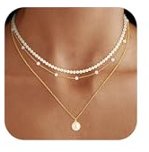 Perlenkette Damen Gold, 18K vergoldete Perlen Kette mit rundem Perlenanhänger, mehrreihige Halskette im Layering Look, zarter Choker Schmuck für Frauen, Pearl Necklace Women, für Geburtstag und Alltag