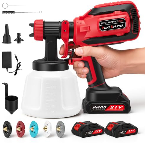 Pistola Pintura Bateria,Pulverizador de Pintura con batería con 3 Patrones,HVLP Pistola con 2 Baterías de 2000 mAh y Ccargador para Cercas, Paredes, Techos(Rojo)