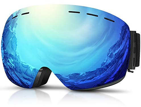 DADA-PRO Ski goggles Mens Women Skiing goggles Adults Over Glasses OTG Anti-fog Frameless For Snowboard Jet Snow, 100% UV Protection, Helmet Compatible (Blue)