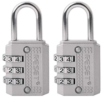 RESET-071 Cadenas à code 3 chiffres réinitialisable, argent, lot de 2 | Deux petits cadenas sans clé à 3 chiffres pour fermetures éclair, carnets personnels et petites boîtes en intérieur.
