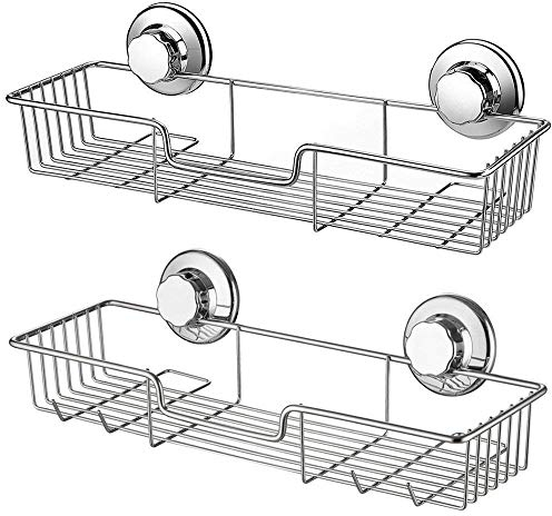 iPEGTOP Suction Cups Compact Shower Caddy Bath Shelf with Hooks, Rustproof Stainless Steel Rectangle Storage Basket for Bathroom Kitchen Organizer, 2 Pack