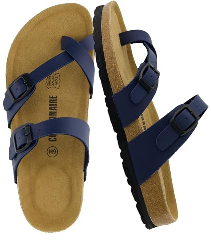 CUSHIONAIRE Luna Sandals for Women, Cork Footbed Womens Sandals for Summer Comfort with Adjustable Straps, Wide Width Available, NAVY 8