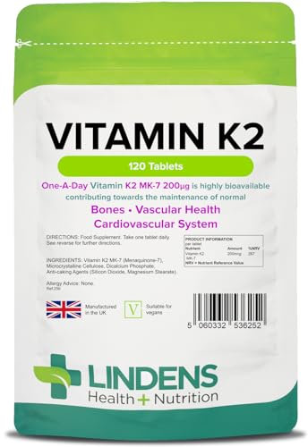 Lindens - Vitamin K2 200mcg, 120 Tablets - 1 a Day, UK Made - Highly Bioavailable - Bone, Vascular Health & Cardiovascular System - Menaquinon MK-7 - Letterbox Friendly, Vegan