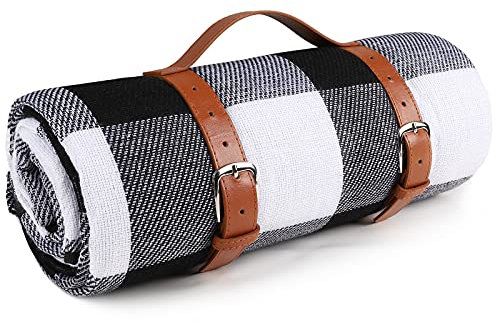 Ben & Bel Couverture de pique-nique étanche et résistante au sable pliable et portable avec poignée en cuir synthétique pour activités de plein air, voyage, camping, noir et blanc, 150 x 200 cm XL