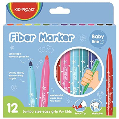 KEYROAD Filzstifte JUMBO / 12 Stck./ Abwaschbare/Schulfilzstifte Fasermaler/mit Loch zum Aufhängen/Erwachsene und Kinder/Perfekt für Schularbeiten/Kindersicher/Mischfarben, bunt