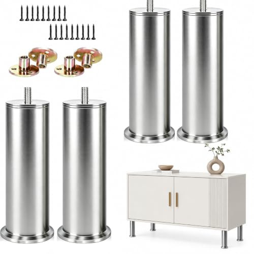 RHUAFET 4 Stück Möbelfüße Edelstahl Möbelbeine Metall Verstellbar Tischbeine Höhenverstellbar Runde Beine Möbelfüß Tisch Bett Schrank Sofa Beine Ersatzkabinettfüße (M10, 15cm)