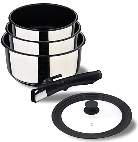 BERGNER| Juego de sartenes de 16, 18 y 20 cm + mango extraíble y tapa universal | Acero inoxidable y revestimiento antiadherente | Para todo tipo de cocinas y hornos