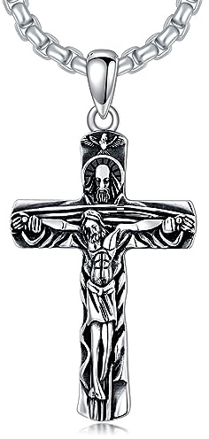 Shusukue Silber 925 Kreuz Halskette mit Jesus Kreuz Anhänger Heilige Dreifaltigkeit Kruzifix Kette Männer