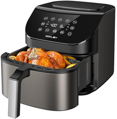 RAMJOY Air Fryer 6.8 Quarts, 10-in-1 Functions, Air Fry, Roast, Bake, Broil, Dehydrate, Digital Touchscreen Air Fryers, Nonstick & Dishwasher-Safe Basket, Stainless Steel Air Fryer, Metal Grey