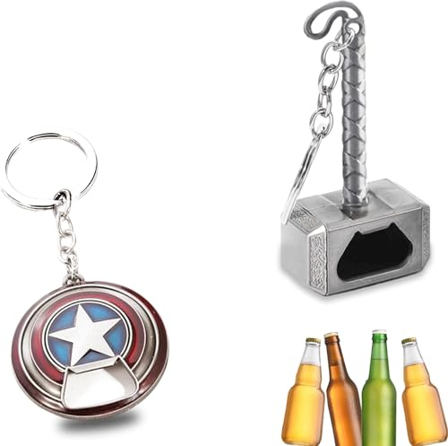 Superhelden Schlüsselanhänger, Thor Hammer Flaschenöffner, Captain America Shield Schlüsselanhänger Flaschenöffner, Ubephant 2 Stück Schlüsselanhänge für Bar Und Hausgebrauch