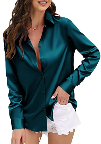 Womens Soft Satin Silk Button Down Shirts for Women Silky Long Sleeve Work Shirt Dress Blouses Tops Blue Green Size L