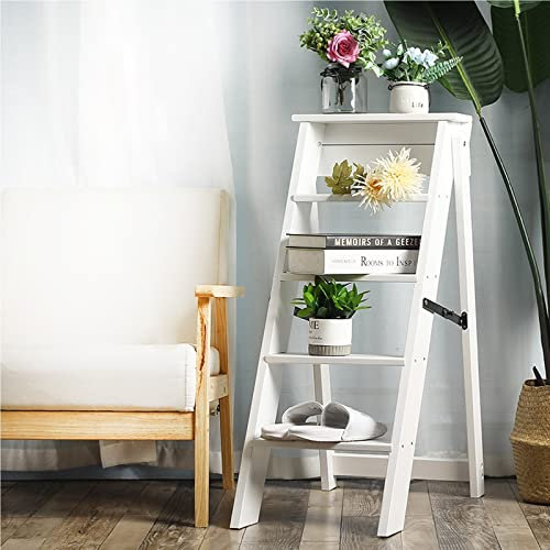 AAMNA Klappbarer Trittleiterstuhl für die Küche, Holzstufen, Hocker, tragbare Mehrzweck-Trittleiter, Hausgarten, Bibliothek, Kletterleiter, Weiß