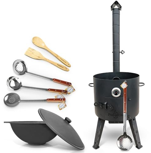 Utschak Feuerofen Ø 44 cm 2 mm Stahl mit Thermometer Usbekische Kazan 16 L flacher Boden 2 Schaumlöffel 48 cm Schaumlöffel 64 cm Schöpfkelle 48 cm Löffel und Spatel 35 cm Kazan Учаг Uchag (Set 6)