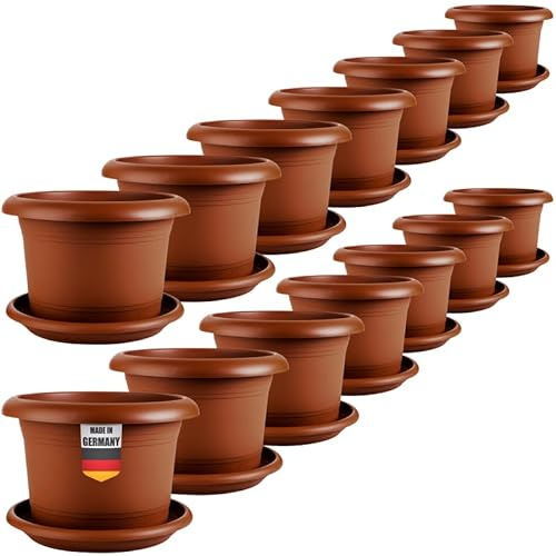 2friends 14er Set Pflanzkübel für Außen 30cm Durchmesser - Groß Terracotta Tomatentöpfe Blumentöpfe mit Untersetzer aus Kunststoff, Wetterfest, für Garten, Balkon, Terasse
