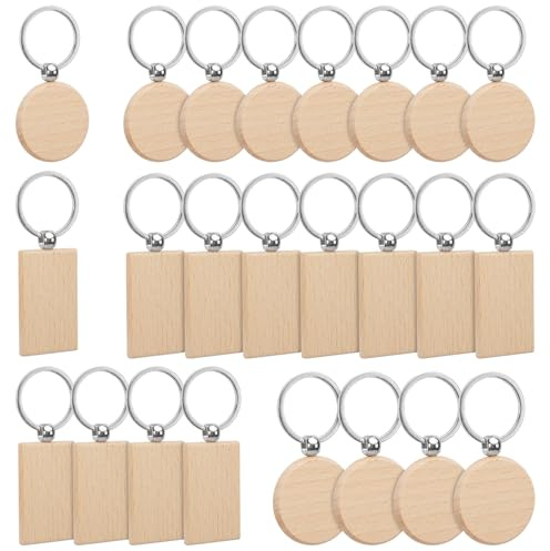 FOGAWA 24 Stück Schlüsselanhänger Holz Blanko DIY Holz Schlüsselanhänger Rund/Rechteck Wooden Keychain Schlüsselbund Rohlinge für DIY, Malerei, Basteln Dekoration Geschenke (Kreis + Rechteck)