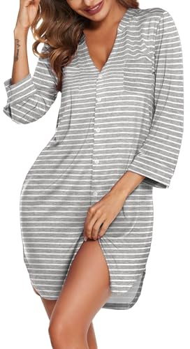 Ekouaer Camisón Mujer 3/4 Manga Larga Autunno e Inverno Cuello en V Botones Suave y Ligero Casual Tallas Grandes S-XXL