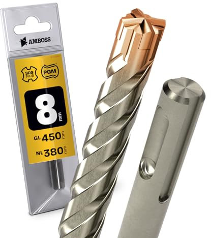 SDS Plus Hammerbohrer 4X Schneiden PGM Ø 8.0mm x 380mm - AMBOSS Werkzeuge SDS Crusher 4 - HM Betonbohrer Hartmetall Profi Bohrer 8.0 mm x 380 - Steinbohrer Stahlbeton Mauerwerk Ziegel Kalksandstein