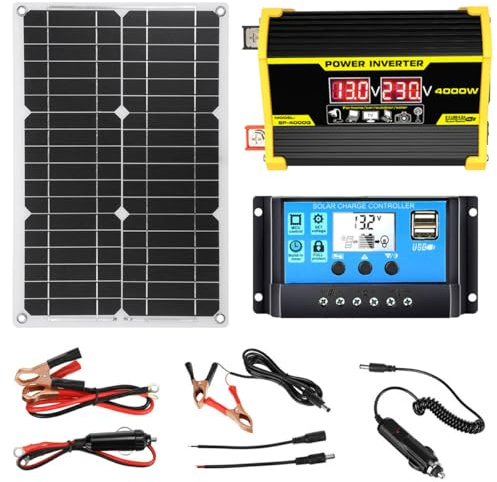 moupeaktain Kit Complet D'énergie Solaire, Panneau Solaire 400W Et Kit Inverseur, Convertisseur D'énergie Solaire 12V à 110/220V, Contrôleur 30A avec 2 Ports USB,Black