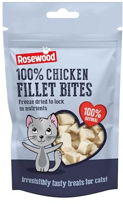 Rosewood Freeze Dried Chicken Bites for Cats - All Natural Chicken Fillet, Small, Bite-Sized Cat Treats, Grain-Free, Natural and Healthy Cat Snacks (Case of 12 x 15g Packs)