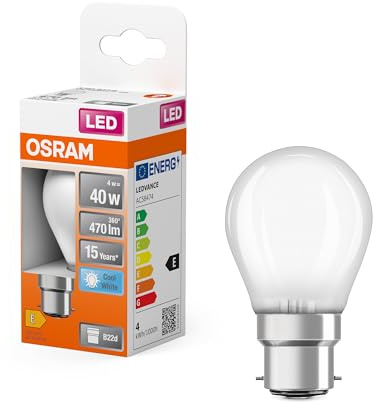 Osram LED Star Classic P40 LED-Lampe in klassischer Miniballform, 4 W / 470 lm, kaltweißes Licht bei 4000 K, CRI 80, aus bleifreiem Glas in Frostoptik, B22d Sockel, EEK E, 45 mm Durchmesser