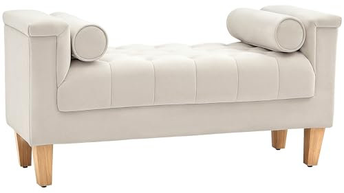 HOMCOM Sitzbank Polsterbank mit Chenille-Bezug, Armlehne Bettbank mit 2 Zylinder-Kissen, Holzrahmen, Schuhbank für Schlafzimmer, Wohnzimmer, Flur 115 x 44 x 58 cm Beige