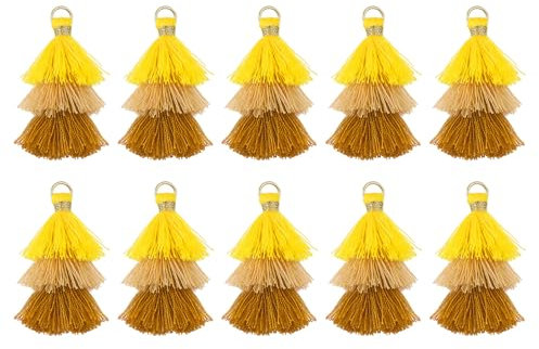 QUARKZMAN 10 Stück Winzige Dreischichtige Quasten 1,6 Mini Quaste Taschenanhänger Böhmische Handgefertigte Quasten Schlüsselanhänger für DIY Projekte Schmuckherstellung (Gelb/Khaki/Braun)