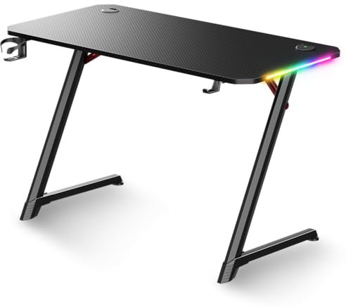 Spirit Of Gamer - HEADQUARTER 250, Grand Bureau Gaming pour PC, Rétroéclairage RGB, Table Ergonomique en Bois Massif 120x60x75 cm, Effet Carbone, Pieds Métalliques Robustes, 2 Câble Management, Noir