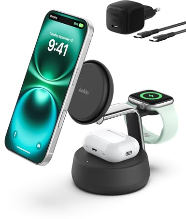 Belkin UltraCharge Pro Trådlös Laddare 3 i 1, Qi2 Trådlös Laddningsstation 25 W, MagSafe-kompatibel Telefonstativ för iPhone 16, Apple Watch, AirPods, Pixelsnap, med Fläkt och 45 W adapter - Svart