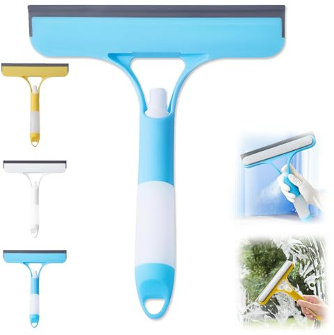 3 in 1 Window Cleaning Scraper, Squeegee and Scrubber with Spray, Window Squeegee Glass Cleaning Wiper, Squeegee for Shower Glass Spray Function, Cleaning Car Windshields,for Car Home Kitchen (Blue)