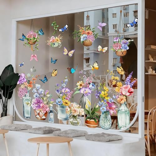 Window Film Flowers, Window Stickers Flowers, Self-Adhesive, Decorative Spring Window, Double-Sided Window Stickers, Spring, Summer, Autumn, Flower Vases and Hanging