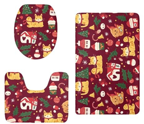 badezimmerteppich Set Gelbe Katze Hund Badezimmermatte WC Teppich Dekoration Schnell Trocknend Badgarnitur 3 Teilig Stand WC Deckelbezug Badvorleger rutschfest Waschbar 50x80 cm