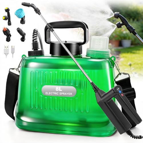 SideKing Akku Drucksprüher 8L, Sprühflasche Pflanzen mit 3-Stufen-Griff, 2X 2000mAh Akku & LED Anzeige, 4 Düsen & Teleskopstab – Gartenspritze & Unkrautspritze für Rasen, Terrasse & Pflanzenpflege