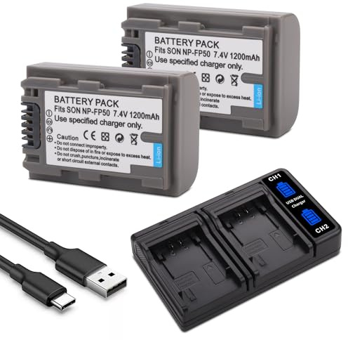 2-Pack NP-FP50 Battery with LCD Dual Charger for Sony NP-FP30 NP-FP60 NP-FP70 DCR-DVD103 DCR-DVD105 DCR-DVD202 DCR-HC16 DCR-HC18 DCR-HC19 DCR-HC20 DCR-HC21 DCR-HC22 HandyCams