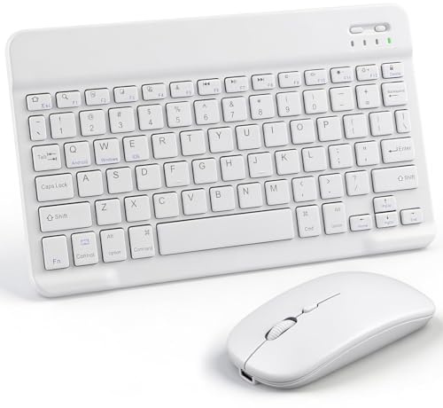 Bluetooth Keyboard and Mouse Set for iPad, Rechargeable Wireless Tablet Keyboard Portable Mini Keyboard UK Layout Compatible with iPad Samsung Lenovo Tablet iOS Android Windows Devices, White