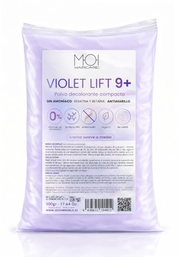Polvo Decolorante Profesional Violeta 9 tonos de aclarado | Fórmula SIN AMONÍACO | DUST FREE | Antiamarillo | Protege la fibra capilar gracias a la Keratina y Betaína | Olor a Melón. 500g MOI HAIRCARE