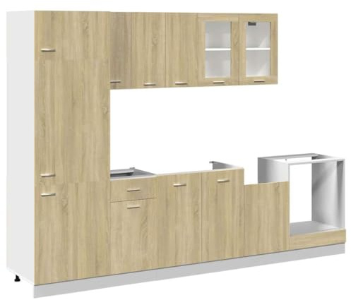 GeenYuu Lyon Sonoma Oak 8-Piece Kitchen Cabinet Set, Storage Cabinet with Wall Cabinet, Oven and Fridge Built-In Cabinet, Worktop Safe, Space-Saving, Durable
