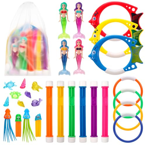 GSrenyu Diving Toys Swimming Pool, 30 Pieces Fun Swimming Pool Toy Set | with Diving Rings, Torpedo, Seagrass, Marine gem Training Dive Game Toys for Kids Children