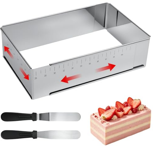 Molde Tarta Rectangular Extensible de Acero Inoxidable, 25-47 cm, 8 cm Alto | Aro Desmontable para Pastel con 2 Espátulas, Marco Ajustable para Bizcochos Pasteles de Capas Mousses, Apto para Lavavajillas