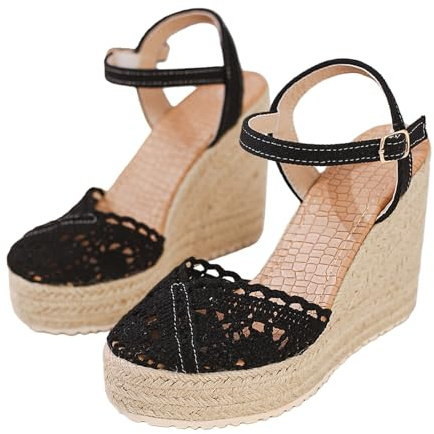 Generiska damsandaler, sommarplatå, damer, stängda sandaler med kilklack – elegant med stängda spets, kilsandaler, halkfria, espadrilla, halmsandaler, bekväma sommarsandaletter, svart, 40 EU