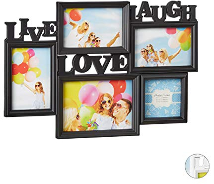Relaxdays Cornice Multifoto Live Love Laugh, Portafoto da 5 Foto Diverse Misure, Collage 3D 31x45,5, Decorazione, Nero