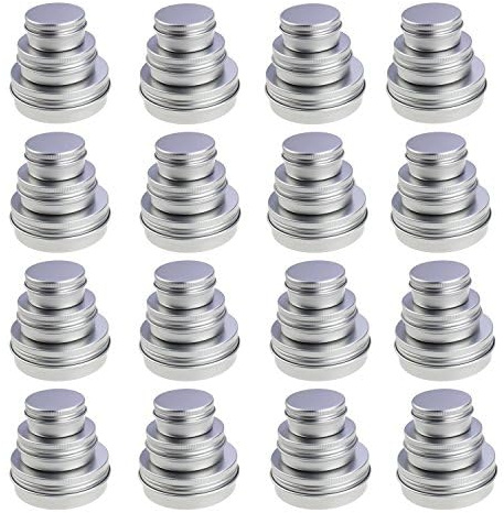 LJY 48 Aluminiumdosen mit Schraubdeckel, 15/30/60 ml, Silber | Je 16 Dosen in 15, 30 und 60 ml für Perlen, kleine Schrauben, Schmuckteile und trockene Bastelkomponenten