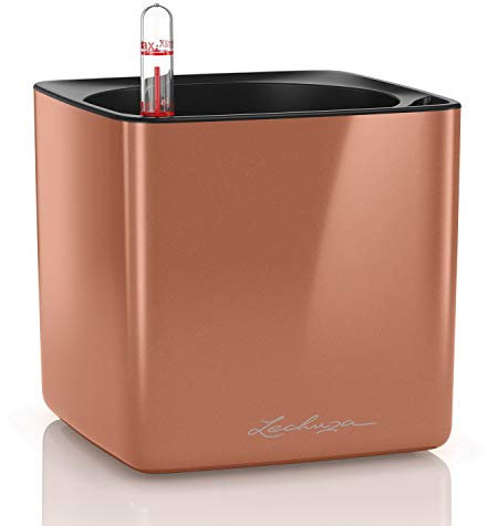 LECHUZA Cube Glossy 14 hochwertiger Pflanzwürfel mit Stick -Bewässerungssystem, Spicy Copper highgloss