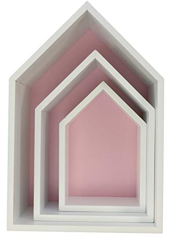 Puckdaddy Elise, set di mensole a forma di casa, scaffali portaoggetti da appoggio design a casetta, ripiani decorativi bianchi con interno rosa