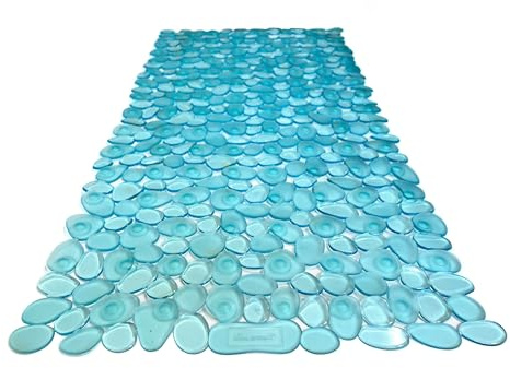 TIKE SMART “Pebbles” Non-Slip Bathtub/Shower Mat 27.5”x14” Rectangular, Non-Toxic, Safe, Clean, Machine-Washable, Superior Grip & Drainage, Vinyl, for Smooth Floors ONLY, Transparent Aqua