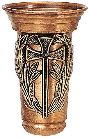 REAL VOTIVA FONDERIE D'ARTE Vaso portafiori Piccolo in Bronzo - Decorazione Croce - Vaso in Rame - Attacco a Braccio [P.03.1498/13/RA]