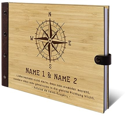 Personalisiertes Hochzeit Gästebuch echtes Holz DIN A4 Hochzeitsbuch mit Lasergravur - Kompass - mit 72 Blatt / 144 Seiten Naturpapier Weiß