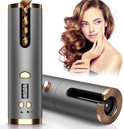 Cordless Hair Curler, Automatic Curling Iron Cordless Curling Tongs 5000mAh USB Rechargeable Negative Ion Protection 6 Adjustable Temperature & Timer PTC Ceramic Hair Curling Anti-Tangle for All Hair