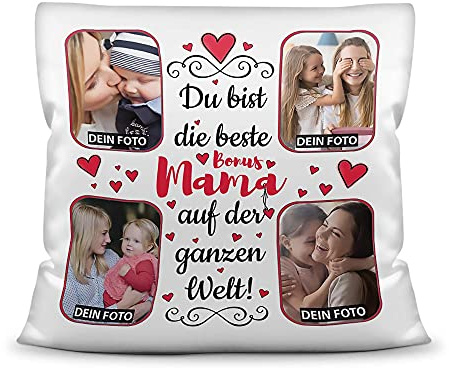 Print Royal Kissen mit Füllung zum selbst Gestalten mit 4 Fotos - Für die Beste Bonusmama - Hochwertige Kissenhülle mit Reißverschluss, Weiß, 40 x 40 cm