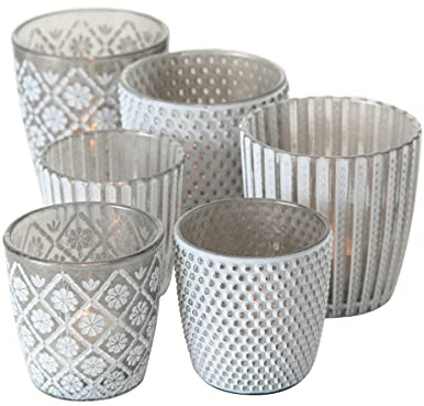 Seaside No.64 - Windlicht-Set 6 teilig aus Glas 7-9cm - Teelichthalter für Romantisches Ambiente - Kerzenständer mit 3 Designs in je 2 Größen - Retro Kristall Ornamente - (grau, Set)